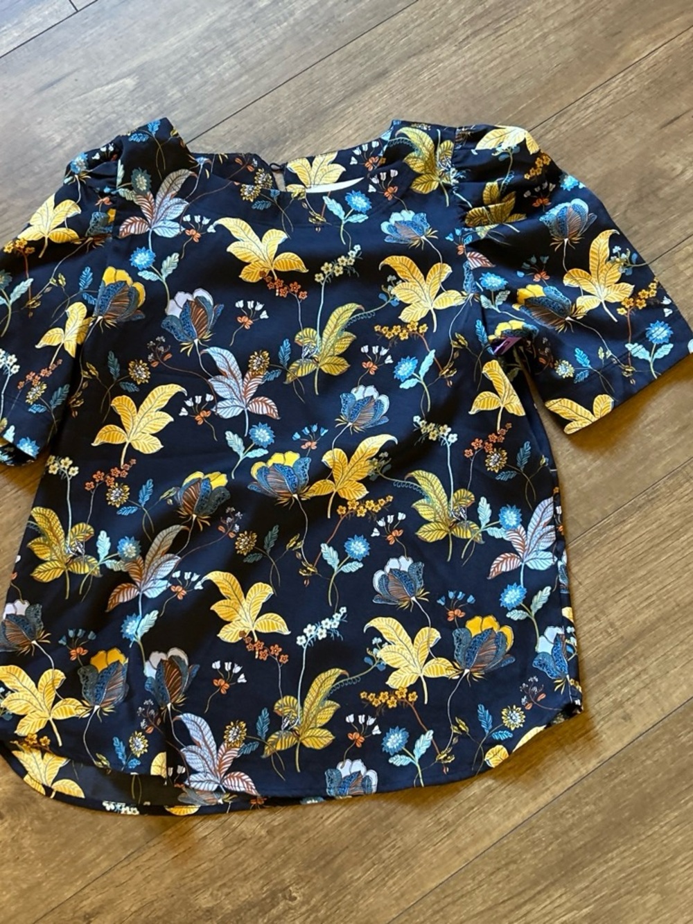 LOFT Navy Floral Short-Sleeve Blouse with Yellow and Light Blue Flowers
